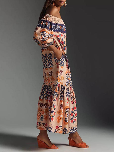 Aurohaya Retro Island Lover Printed Off The Shoulder Pocketed Flowy Midi Dress
