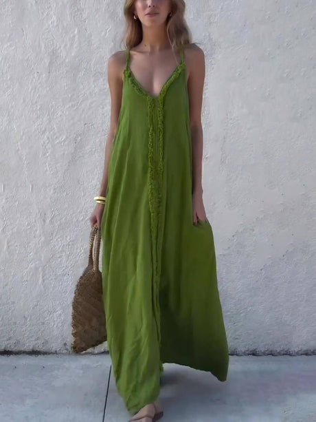 Aurohaya Modern Unique Lace Decoration V-Neck Suspender Maxi Dress