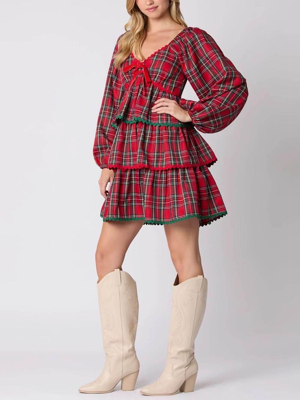 Aurohaya Christmas Plaid Long Sleeve Layered Dress