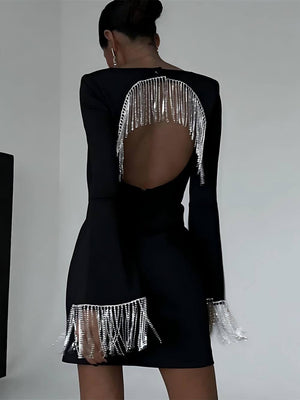 Aurohaya Party Time Imitation Diamond Chain Backless Mini Dress Black
