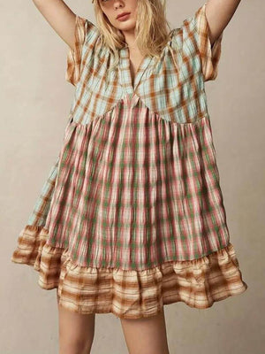 Aurohaya Unique Multicolored Plaid Patchwork Vacation Mini Dress
