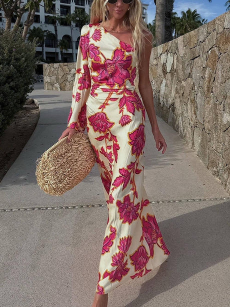Aurohaya Unique Satin Floral Print One Shoulder Flared Maxi Dress