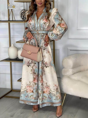 Aurohaya Elegant Floral Print Lantern Sleeve Buttoned A-Line Maxi Dress Blue