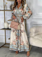 Aurohaya Elegant Floral Print Lantern Sleeve Buttoned A-Line Maxi Dress Blue