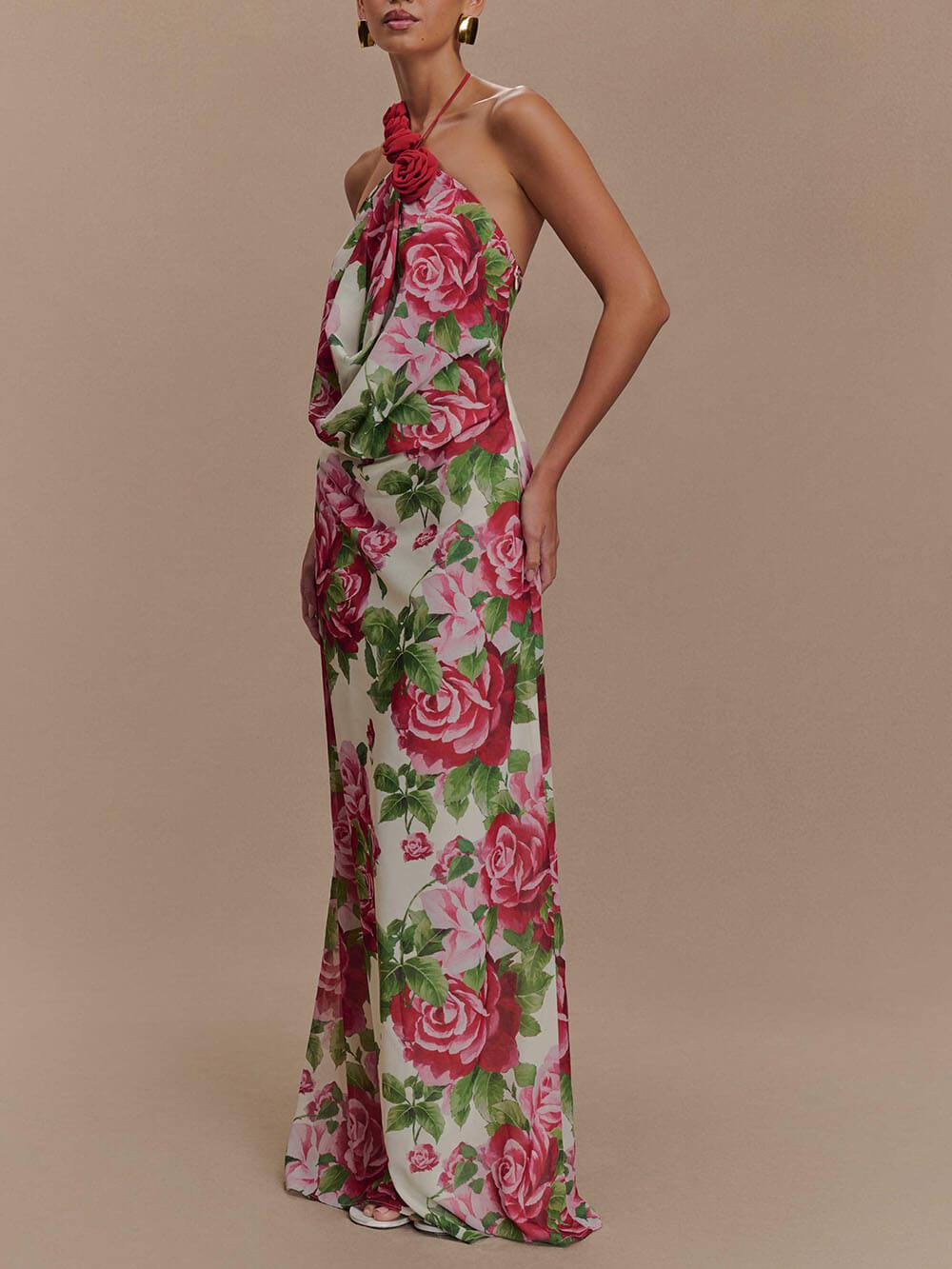 Aurohaya Romance Elegance Rose Printed Applique Cowl Neck Maxi Dress