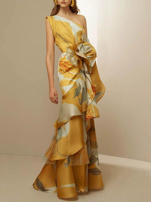 Aurohaya Retro French High-Waisted Printed Off-Shoulder Dress