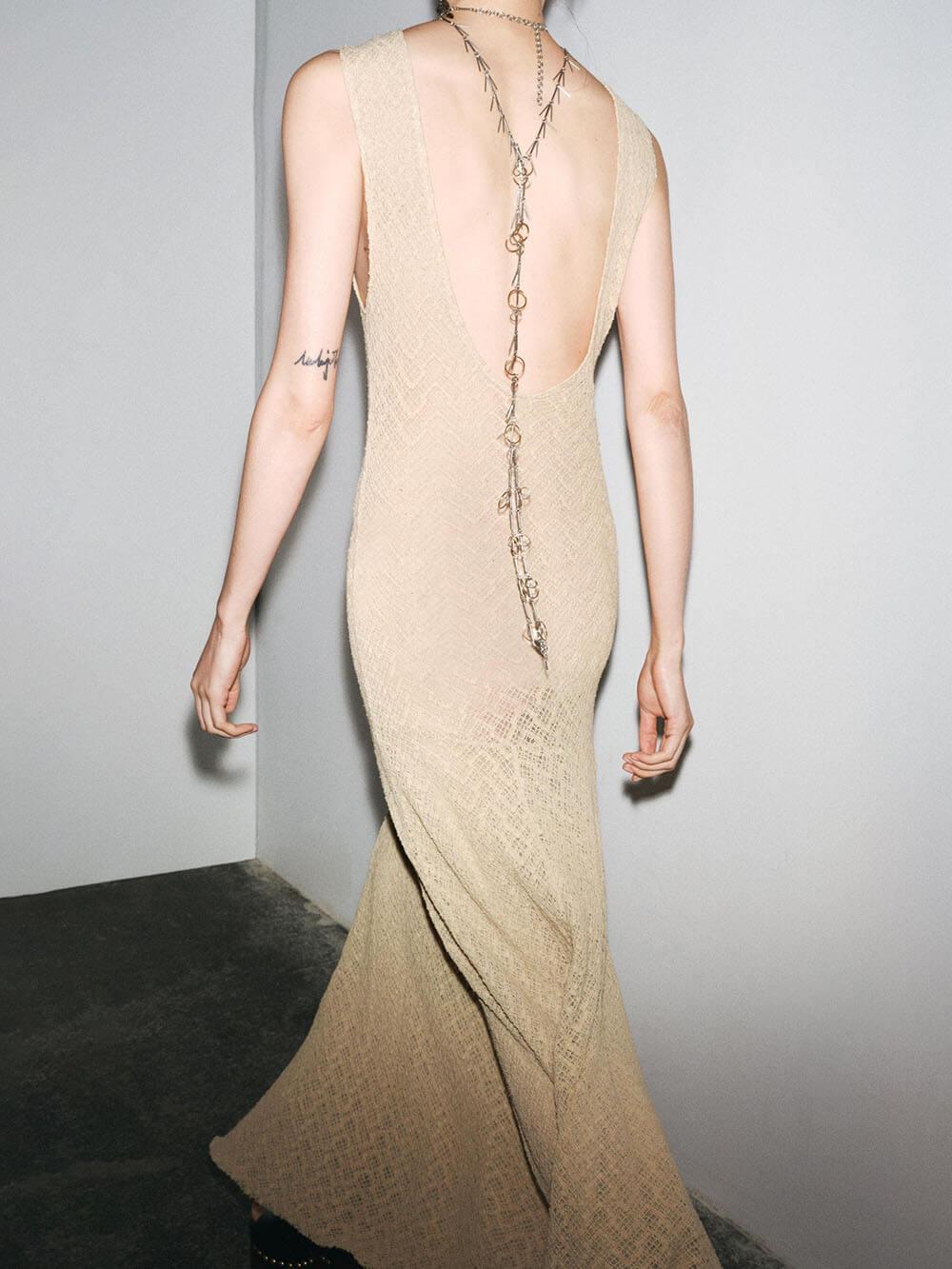 Aurohaya Elegant Lace Hook Open Back Asymmetric Hem Flared Waist Maxi Dress