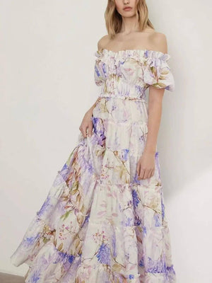 Aurohaya Elegant Off-Shoulder Printed Organza Fairy Evening Gown Maxi Dress