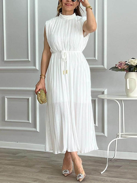 Aurohaya Elegant Pleated Half-High Collar Tie Midi Dress