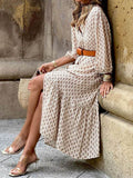 Unique Pattern Print V-Neck Simple Belt Midi Dress