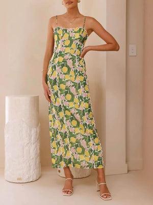 Aurohaya Sexy Linen Suspender Lace Slit Maxi Dress Green