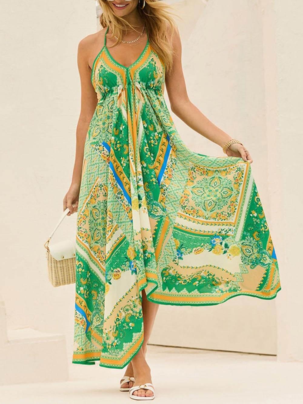 Aurohaya Elegant Off-Shoulder V-Neck Suspender Print Swing Dress