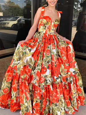 Aurohaya Elegant And Sexy Floral Print Open Back Ruffled High Tie Swing Maxi Dress