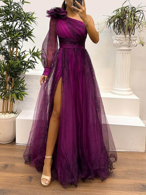 Aurohaya Exquisite Casual Off-Shoulder Mesh Print Maxi Dress