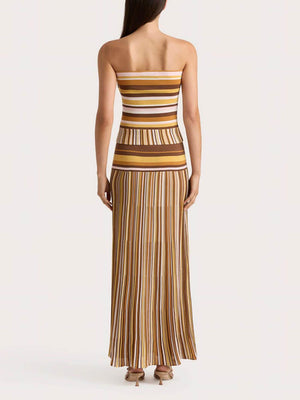 Aurohaya Exquisite Strapless Striped Printed Pleated Maxi Dress