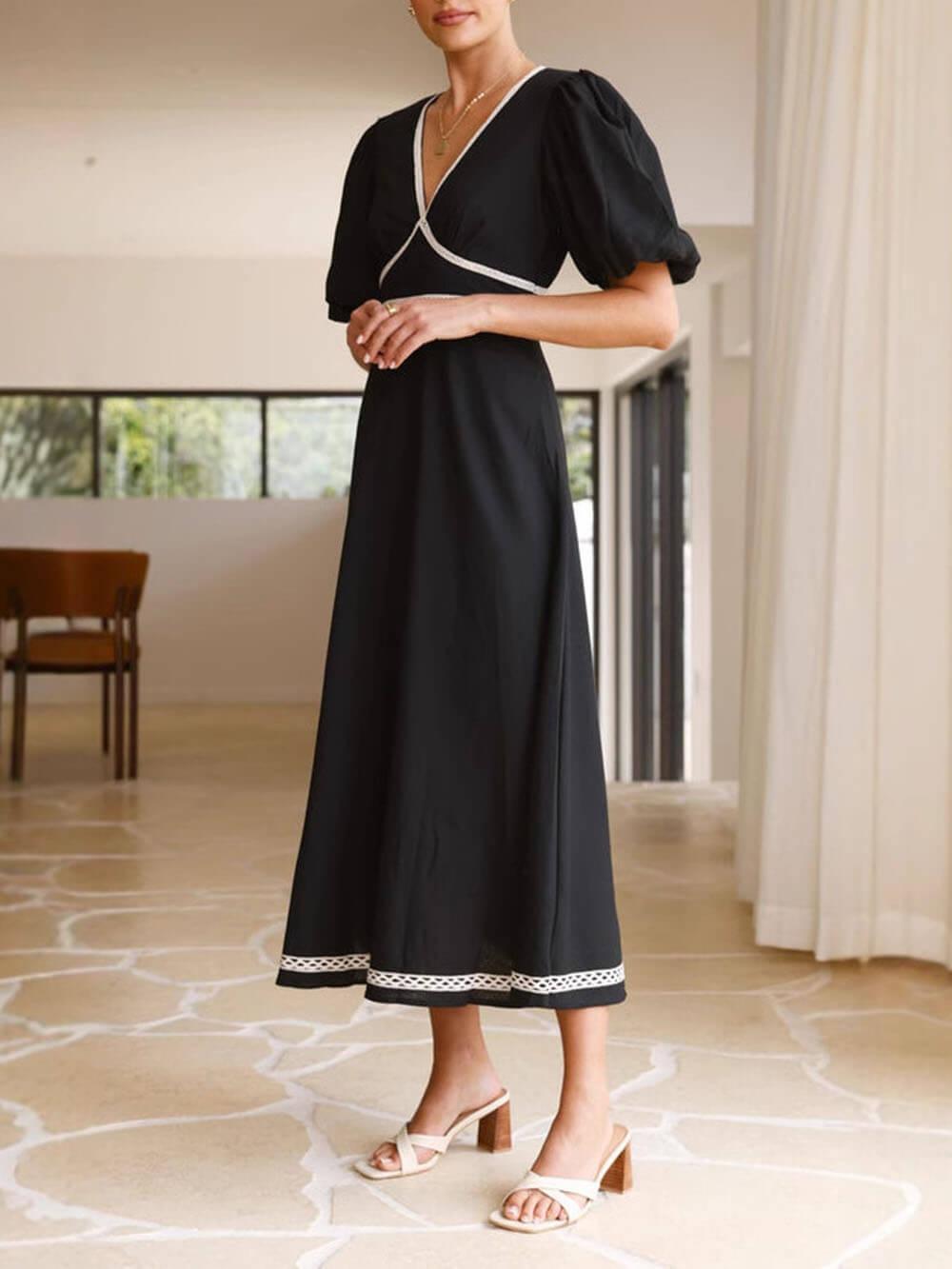 Aurohaya Elegant Patchwork Lace Puff Sleeve Waisted Maxi Dress