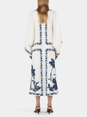 Aurohaya Vintage Hawaiian Print Sequined Oversized Loose Midi Dress