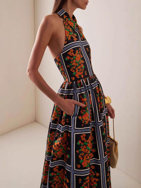 Aurohaya Exquisite Sexy Backless Unique Floral Print Suspender Maxi Dress