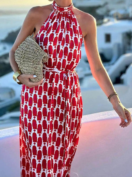 Aurohaya Sexy And Fashionable Printed Halter Neck Beach Slit Midi Dress