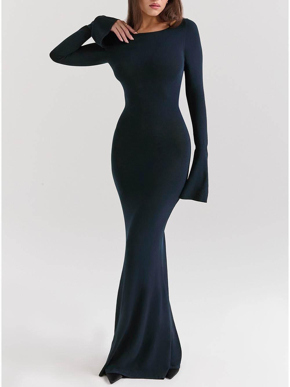 Aurohaya Elegant Midnight Blue Backless Fitted Maxi Dress