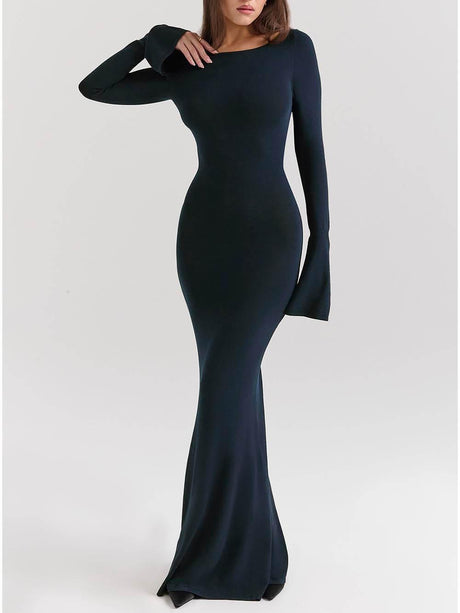 Aurohaya Elegant Midnight Blue Backless Fitted Maxi Dress