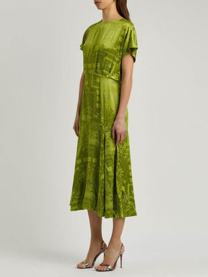 Aurohaya Elegant Satin Unique Jacquard Print Midi Dress
