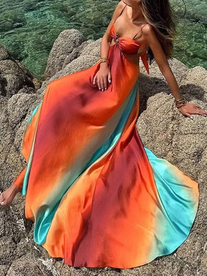 Aurohaya Unique Colorful Gradient Suspender Maxi Dress