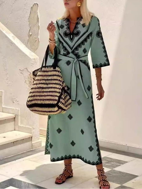 Aurohaya Bohemian Style Unique Print Belted Midi Dress Olive Green