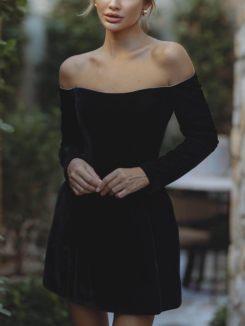 Aurohaya Exquisite Glitter Trim Off Shoulder Long Sleeve Pocketed Mini Dress