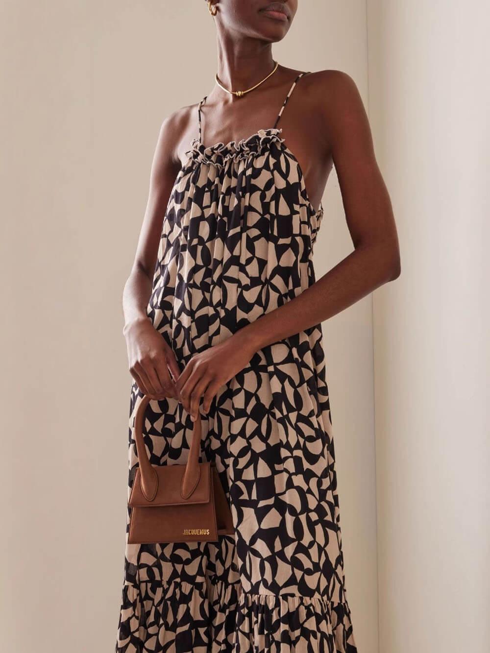 Aurohaya Fashionable Design Printed Backless Holiday Style Suspender Maxi Dress