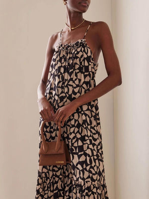 Aurohaya Fashionable Design Printed Backless Holiday Style Suspender Maxi Dress