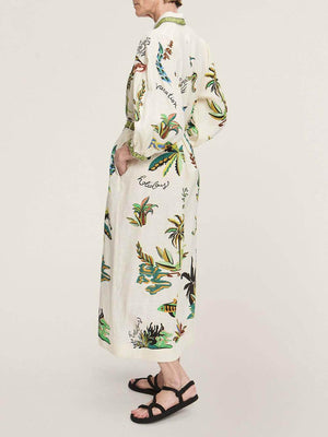 Aurohaya Unique Coconut Tree Print Day Dream Linen Shirtdress