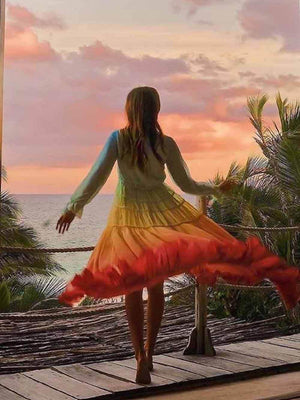 Aurohaya Unique Gradient Print Bohemian Rainbow Tiered Maxi Dress