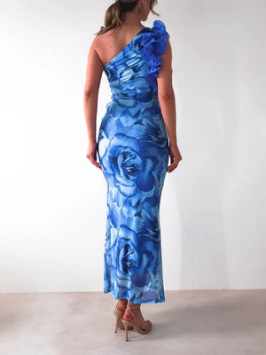 Aurohaya Sexy Elegant Sleeveless Three-Dimensional Flower Print Slim-Fitting Party Dress