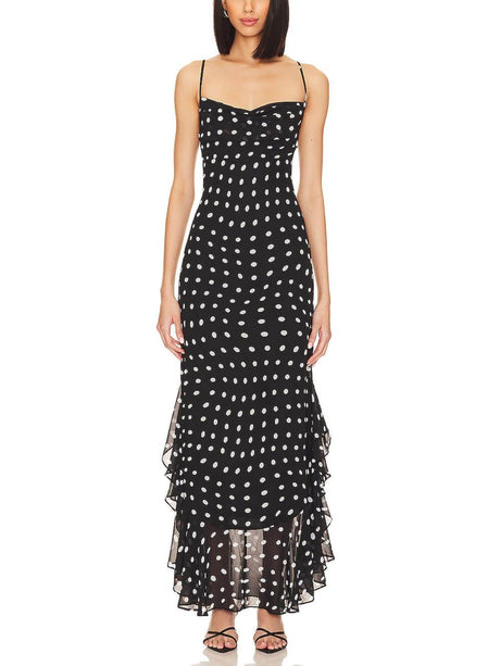 Aurohaya Delicate Polka Dot Print Halter Chiffon Ruffle Trim Maxi Dress