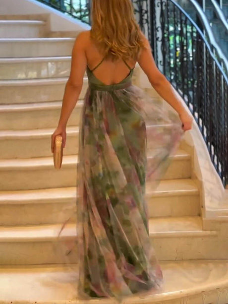 Aurohaya Elegant Casual Mesh Print Suspender Wide Swing Maxi Dress