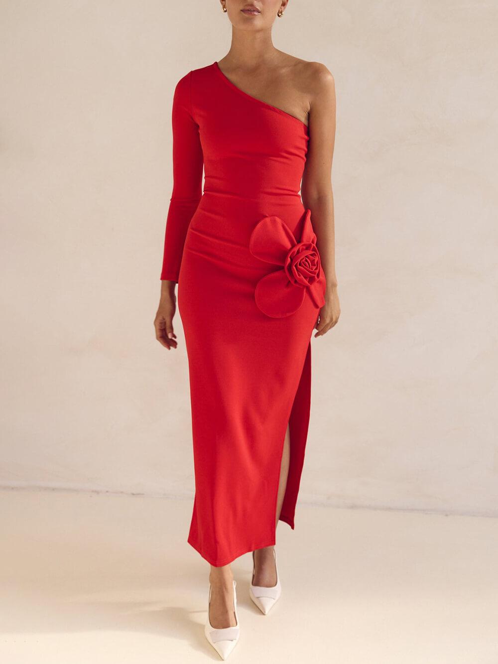 Aurohaya Exquisite One-Shoulder Neckline Flower Decoration Side Slit Prom Maxi Dress