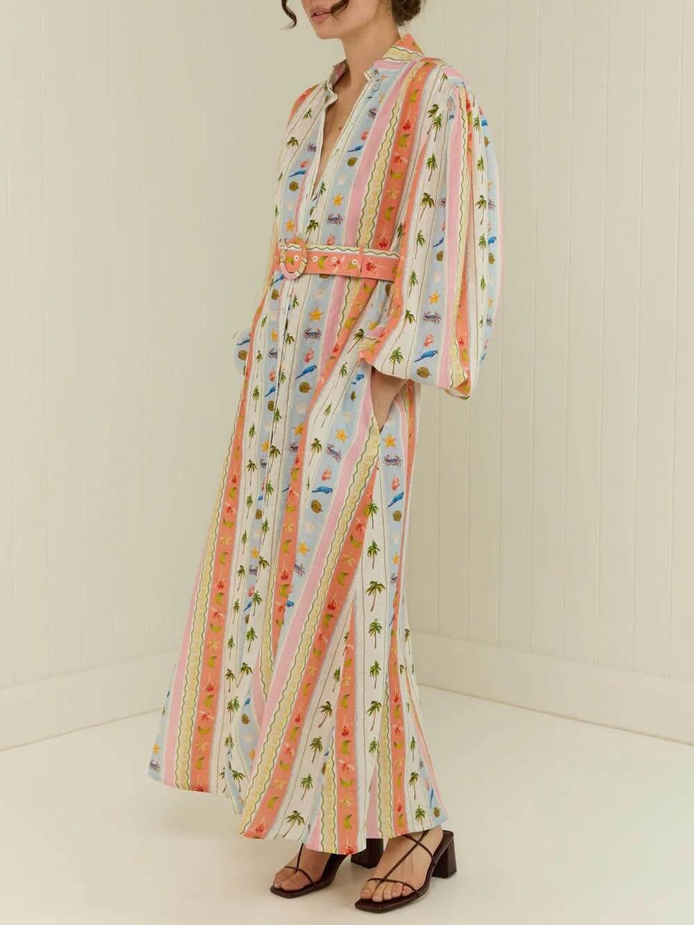 Aurohaya Unique Personalized Printed Casual Linen Cardigan Maxi Dress