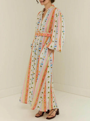 Aurohaya Unique Personalized Printed Casual Linen Cardigan Maxi Dress