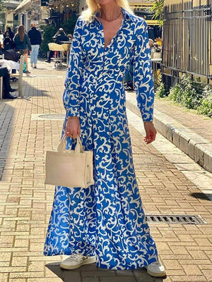 Aurohaya Fashion Print Lapel Waist Midi Dress Blue