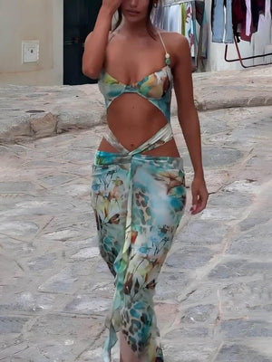 Aurohaya Sexy Hip-Lifting Strappy Printed Beach Dress