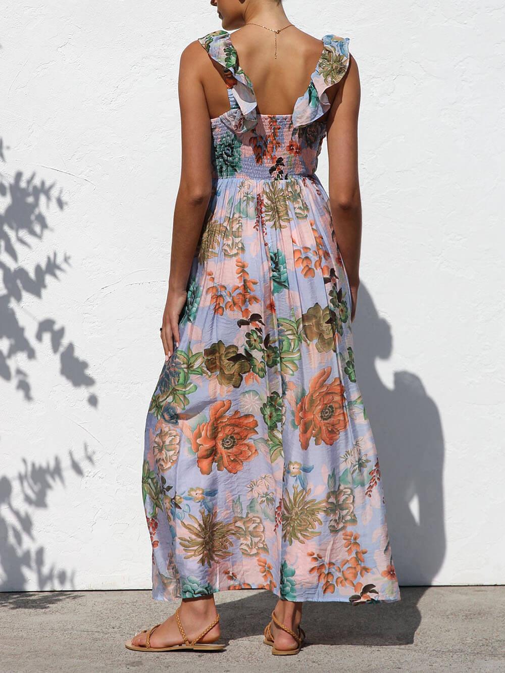 Aurohaya Beautifully Pleated Unique Floral Print Ruffle Sleeve Maxi Dress