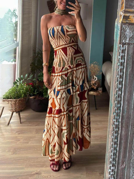 Aurohaya Chic Perfect Style Unique Floral Print Elastic Bandeau Maxi Dress