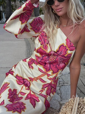 Aurohaya Unique Satin Floral Print One Shoulder Flared Maxi Dress