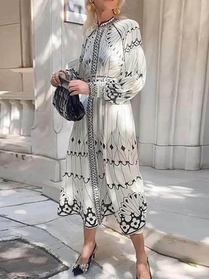 Aurohaya Vintage Casual Lantern Sleeve Floral Print Midi Dress