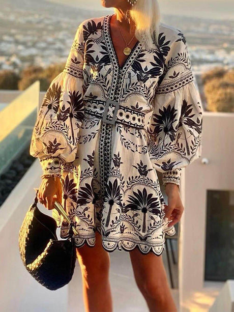 Aurohaya Fashion Printed Beach Loose Mini Dress Black