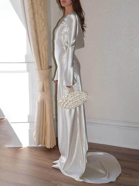 Aurohaya Elegant And Exquisite Satin Backless Round Neck Maxi Dress