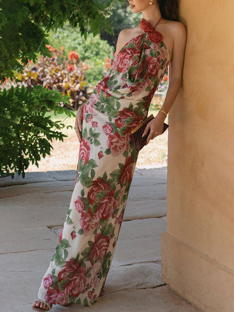 Aurohaya Romance Elegance Rose Printed Applique Cowl Neck Maxi Dress Red