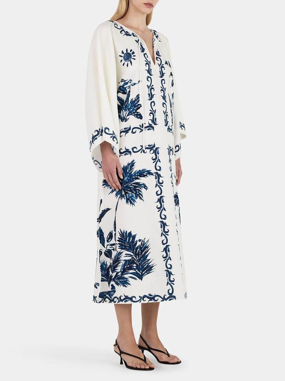 Aurohaya Vintage Hawaiian Print Sequined Oversized Loose Midi Dress