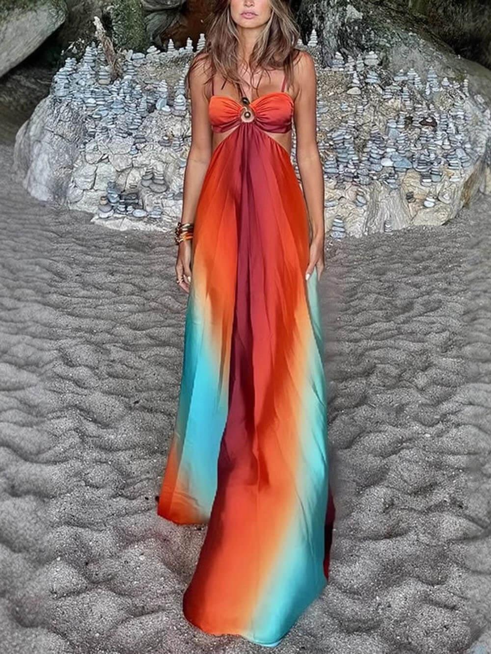 Aurohaya Unique Colorful Gradient Suspender Maxi Dress